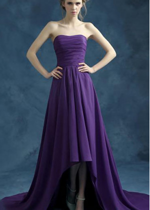 Strapless Purple Chiffon High Low Evening Dress